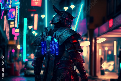 Futuristic, technological samurai on the street with blurred background and neon light