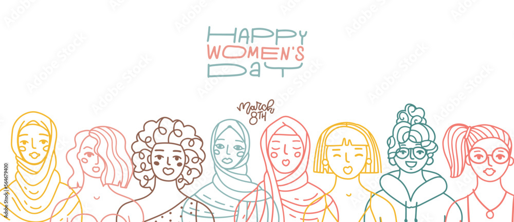 Fototapeta premium Happy Women's Day greeting card. Abstract different women portraits in linear style . Women empowerment. Horizontal Vector linear doodle hand drawn illustration with lettering greeting text.
