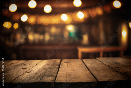 Wood table top in a bar, blurred light bokeh, cafe, restaurant background. Generative AI