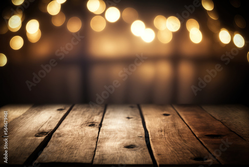 Wood table top in a bar  blurred light bokeh  cafe  restaurant background. Generative AI