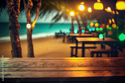 Wooden table top in a beach bar, blurred light bokeh, cafe, restaurant background. Generative AI