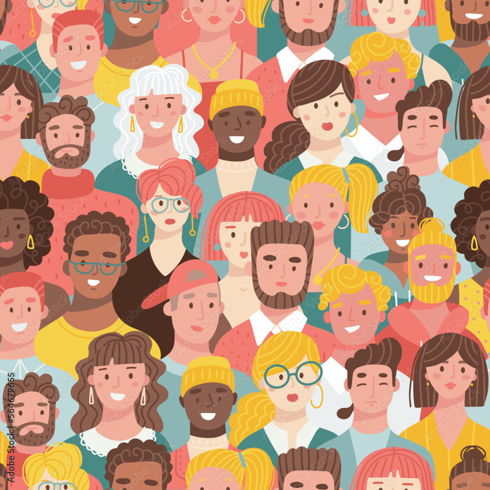 Trendy seamless pattern with young men and women with different skin color. Different people concept. Diversity flat vector illustration. Trendy seamless pattern with young men and women with different skin color. Different people concept. Diversity flat vector illustration.