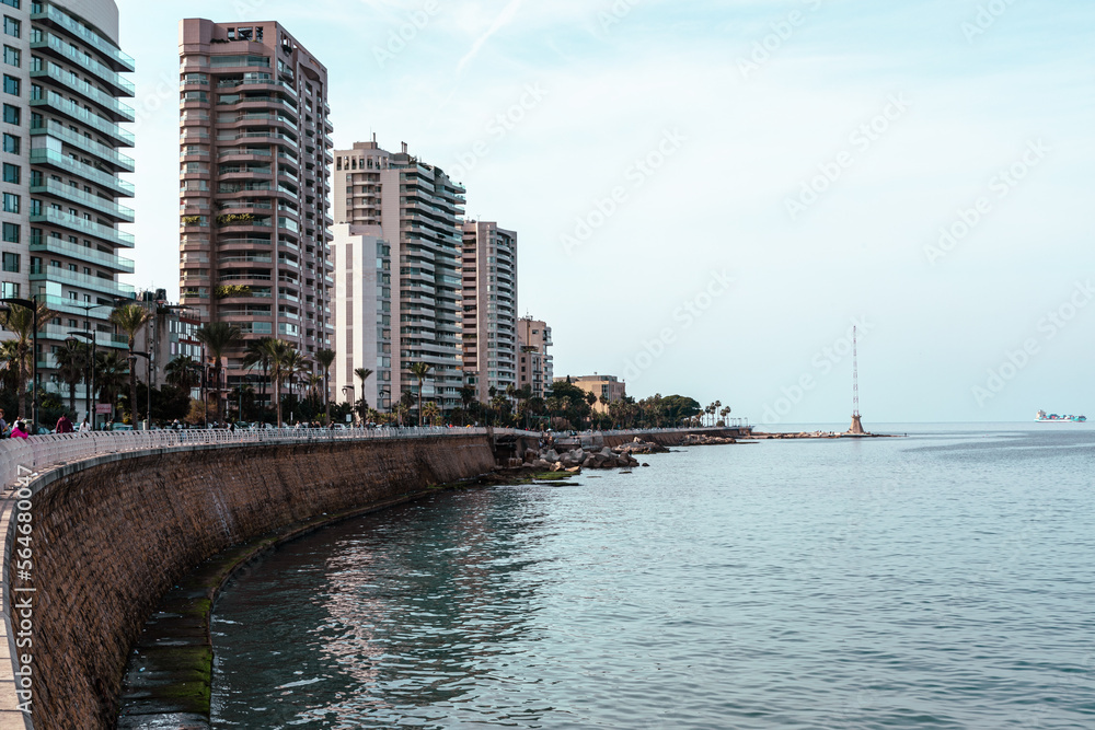 Obraz premium Corniche Boulevard in the Raouche. Residential and Commercial Neighborhood in Beirut. Lebanon. Popular Tourist Destination in Beirut. 