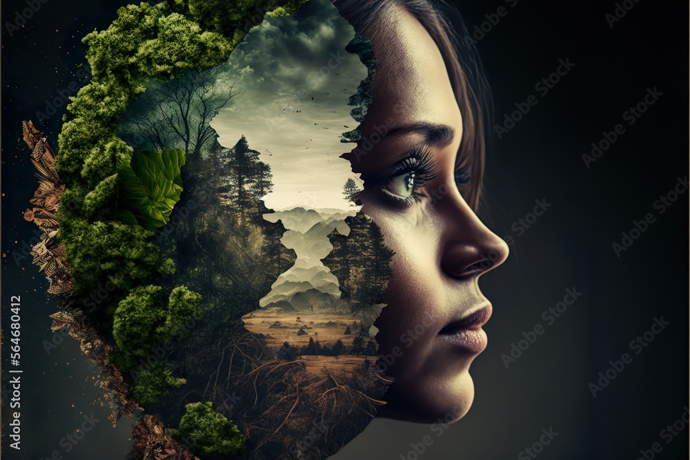 Woman with face full of nature, enviromental. AI generated.