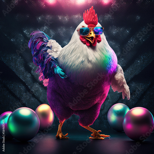Crazy chicken with glasses in a disco. Generative AI.