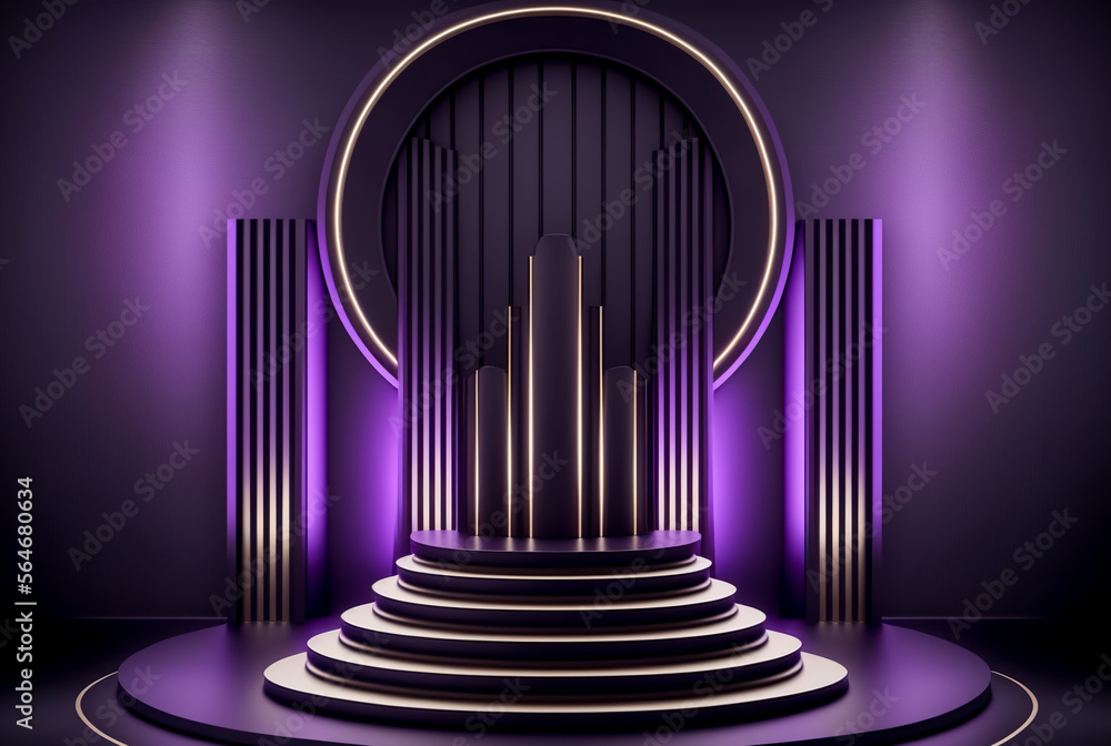 Fototapeta premium Black and purple podium, pedestal or platform for cosmetic product presentation. Generative AI