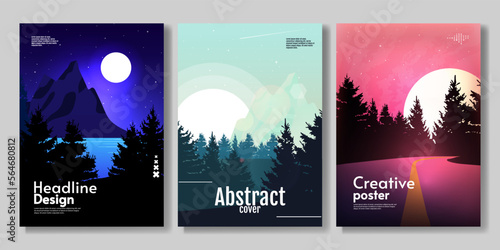 Set of flat style landscape. Vector illustration. Sunset or sunrise. Forest with road. Design for cover, poster, banner, postcard, flyer.