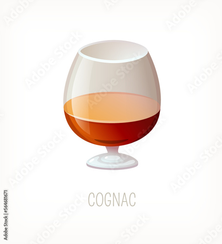 Serving of cognac in classic glass. Glass full of alcoholic drink. Isolated vector image. Liquor from classic cafe or pub menu