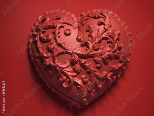 Red 3d heart shape, floral ornaments, intricate, on red background. Generative AI