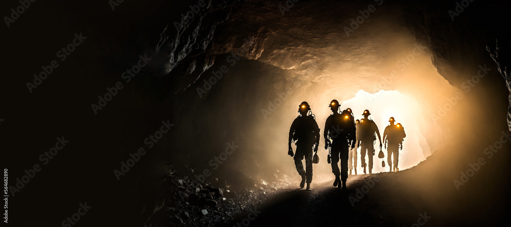 Banner mining working. Silhouette of Miners with headlamps entering underground gold mine. Generation AI - obrazy, fototapety, plakaty 