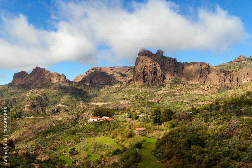 A beautiful view of the rocky landscape and the little mountain houses at Nublo Rock Rural Park, Gran Canary, Canary Islands, Spain