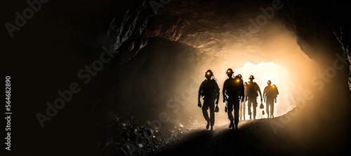 Banner mining working. Silhouette of Miners with headlamps entering underground gold mine. Generation AI photo