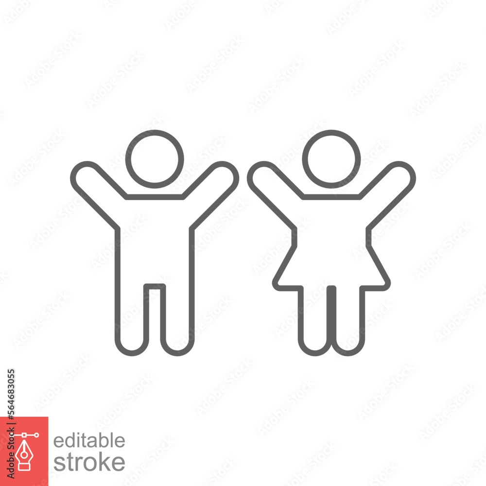 Children, boy and girl icon. Simple outline style. Happy kid, fun child, hands up, wc or toilet logo concept. Line vector illustration design isolated on white background. Editable stroke EPS 10. Children, boy and girl icon. Simple outline style. Happy kid, fun child, hands up, wc or toilet logo concept. Line vector illustration design isolated on white background. Editable stroke EPS 10.