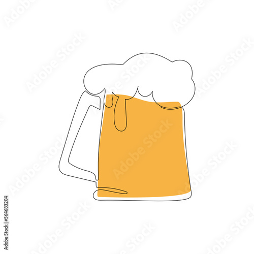 Glass mug with beer in continuous line art drawing style. Minimalist black line sketch on white background. Vector illustration.