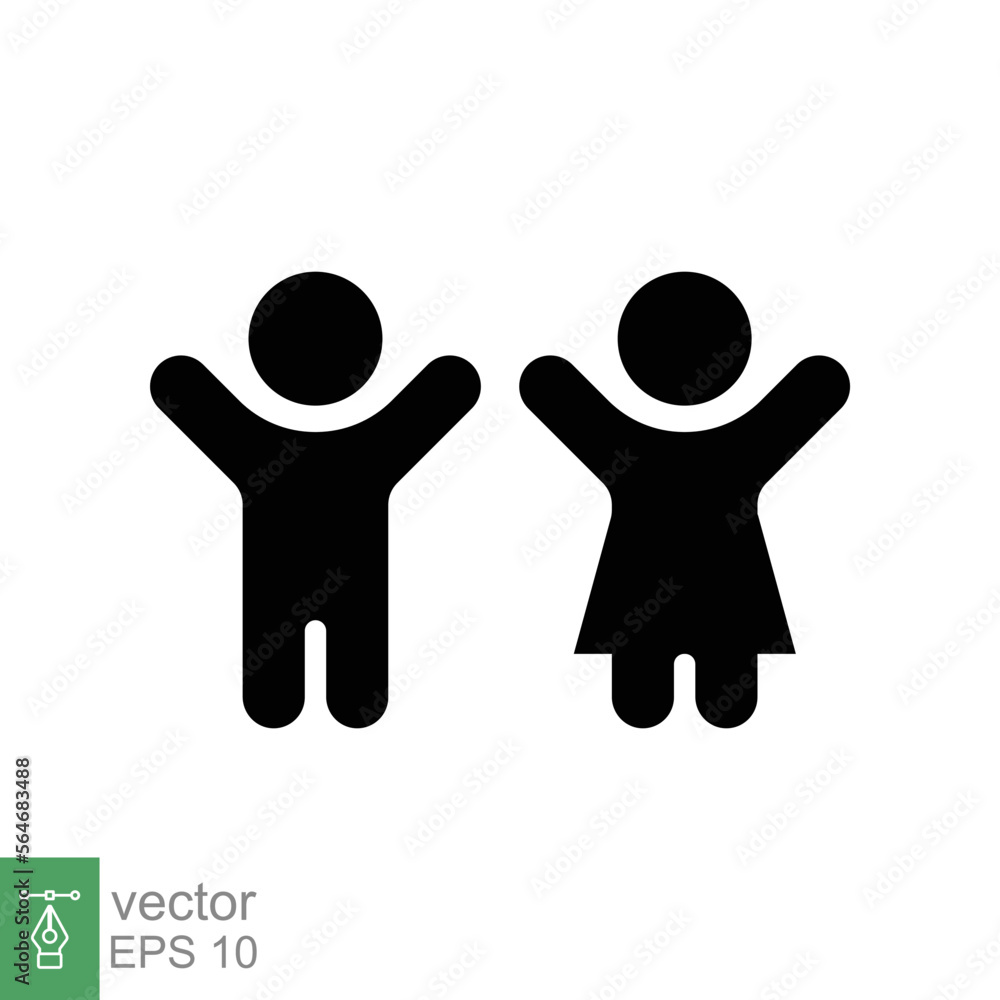 Children, boy and girl icon. Simple flat style. Happy kid, fun child, hands up, wc or toilet logo concept. Silhouette, glyph symbol. Vector illustration design isolated on white background. EPS 10. Children, boy and girl icon. Simple flat style. Happy kid, fun child, hands up, wc or toilet logo concept. Silhouette, glyph symbol. Vector illustration design isolated on white background. EPS 10.