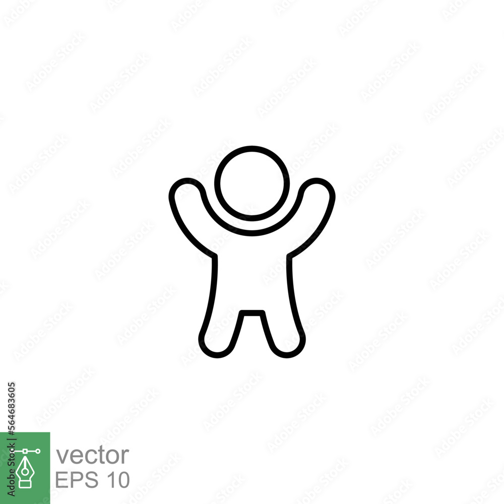 Boy hands up icon. Simple outline style. Man raised two hands, hold arm, happy figure concept. Thin line symbol. Vector illustration design isolated on white background. EPS 10. Boy hands up icon. Simple outline style. Man raised two hands, hold arm, happy figure concept. Thin line symbol. Vector illustration design isolated on white background. EPS 10.