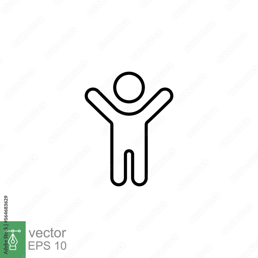 Boy hands up icon. Simple outline style. Man raised two hands, hold arm, happy figure concept. Thin line symbol. Vector illustration design isolated on white background. EPS 10. Boy hands up icon. Simple outline style. Man raised two hands, hold arm, happy figure concept. Thin line symbol. Vector illustration design isolated on white background. EPS 10.