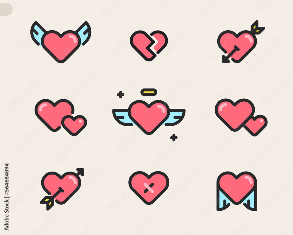 Heart emoji icon set. Love emoticons, feeling symbols