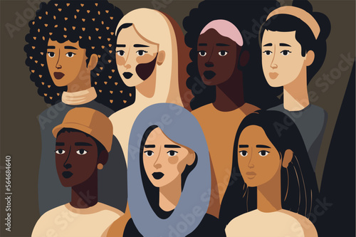 Multicultural beauty. Women of different nationalities: Africans, Asians, Chinese, Europeans, Hispanics, Arabs. Women of different nationalities and cultures. Fight for rights, independence, equality.