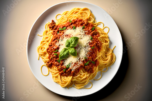 Assiette de spaghettis à la bolognaise vue de haut » IA générative 