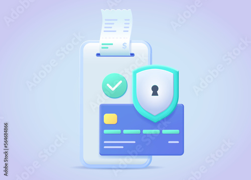 Smartphone, plastic credit card and shield vector illustration. Smart phone icon 3d. Online payment, safe money transfer concept for landing page, web, mobile app, poster, banner, flyer.