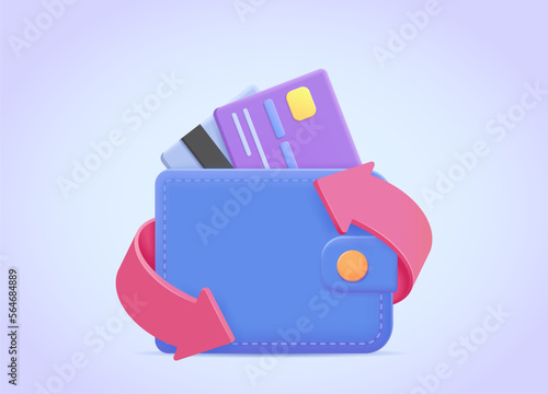 Wallet and credit cards front and back side vector illustration. Purse icon 3d. Cashback, money transfer concept for landing page, web, mobile app, poster, banner, flyer.