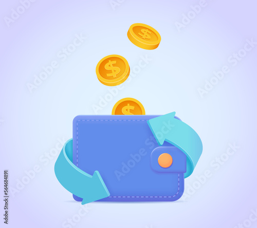 Wallet and falling coins vector illustration. Purse icon 3d. Cashback, money transfer concept for landing page, web, mobile app, poster, banner, flyer.