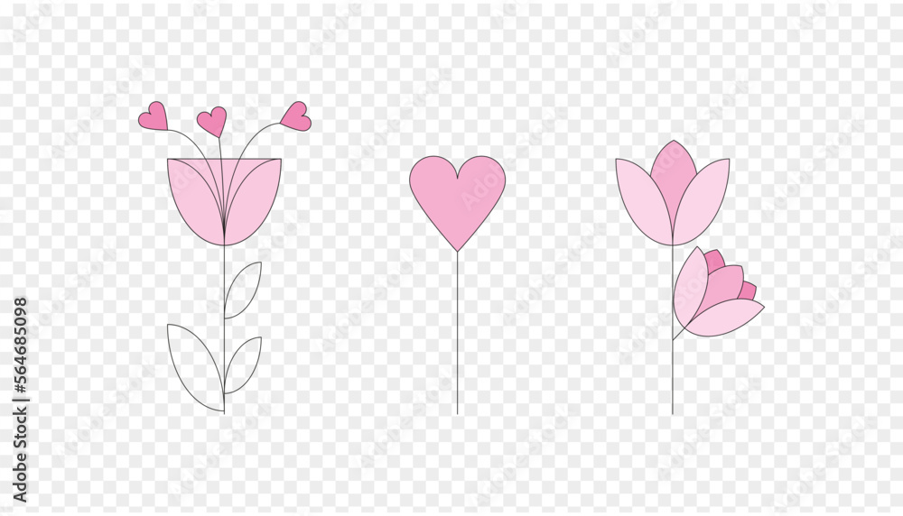 Pink vector flower with heart and leaf made from line