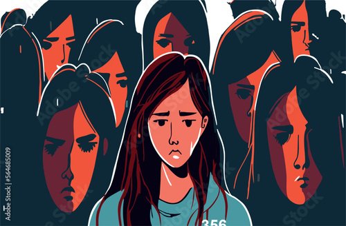 Unhappy young woman feel lonely abandoned in crowd suffer from communication lack. Upset girl struggle with depression or mental disorder. Psychological problem. Flat vector illustration.