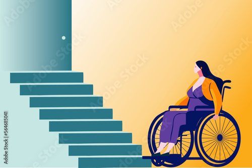 Vector character Illustration of disabilities people scene. Handicapped woman in wheelchair, access ramp in entrance of multi-storey house. Accessible environment, urban infrastructure concept