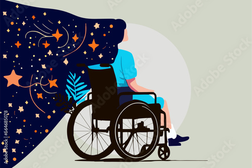 Sad young woman is sitting in a wheelchair isolated on light background. Back view of female person with physical disability or impairment in a wheelchair. vector illustration