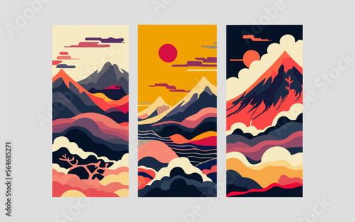Trendy minimalist abstract landscape illustrations Set of hand drawn modern art posters.