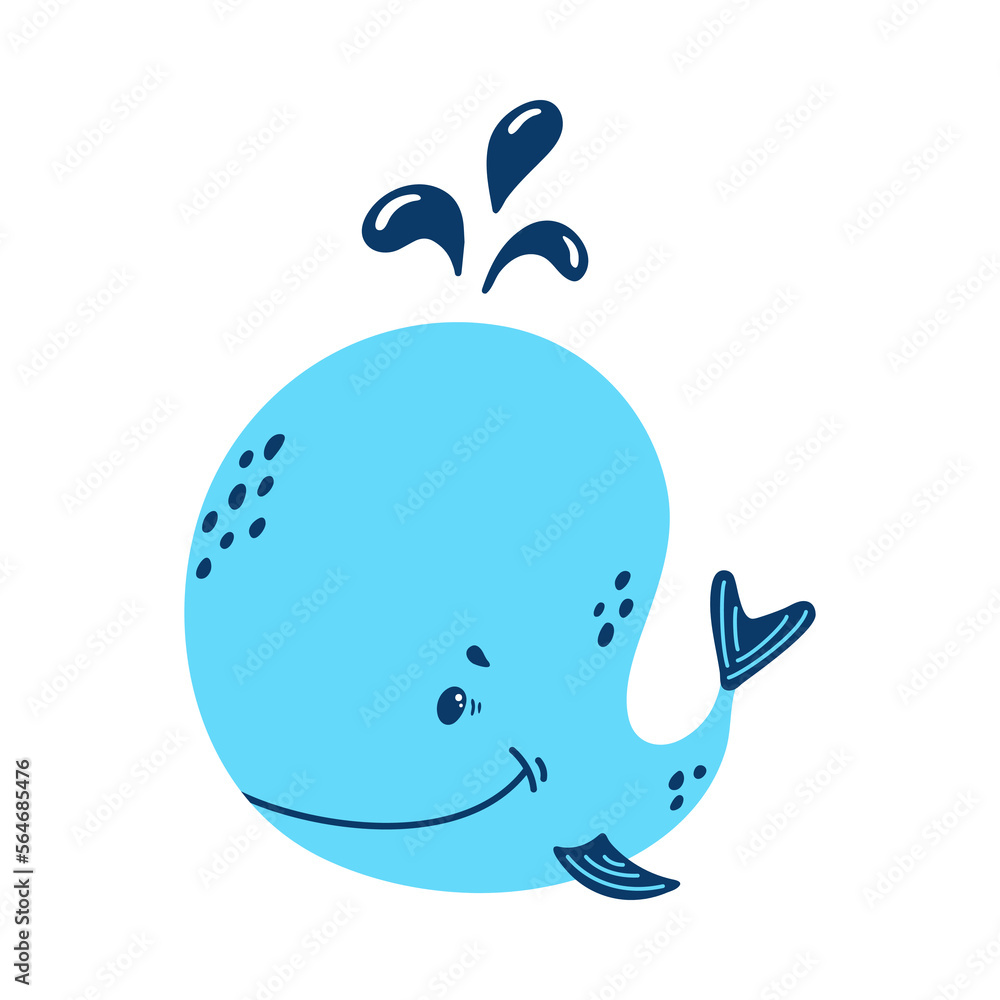 Cute funny whale. Vector illustration, isolated on a white background. Scandinavian style flat design. Concept for children print.	