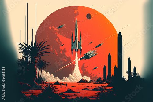 4K Rocket In Space, Retro Style and Flat Design photo