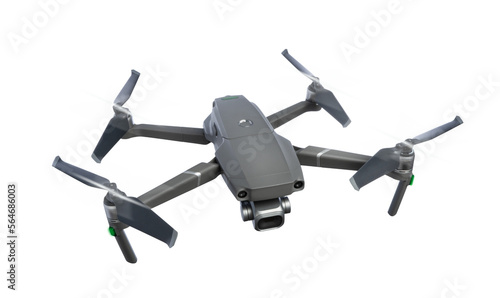 Flying drone with rotating blades, isolated on transparent background
