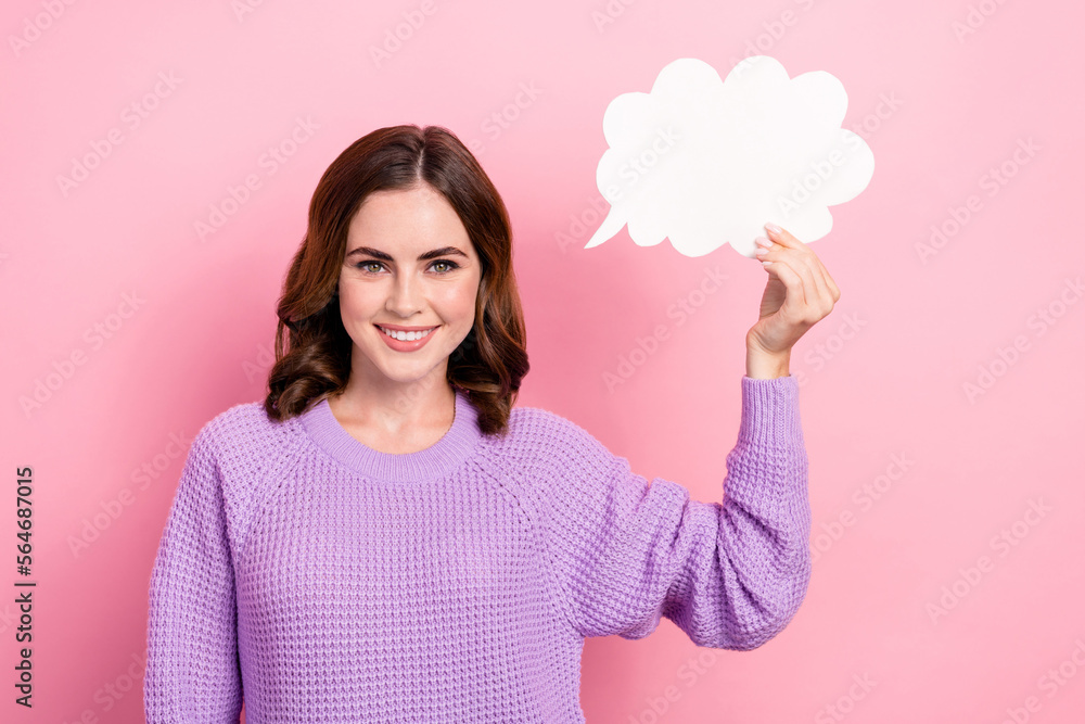 Photo of adorable pretty lady wear stylish clothes hold white paper card information news empty space isolated on pink color background Photo of adorable pretty lady wear stylish clothes hold white paper card information news empty space isolated on pink color background
