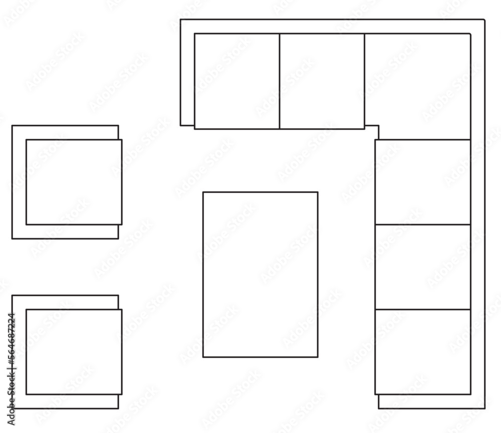 2D graphic drawing of the top view layout of the sofa set and its side furniture such as coffee table and side table. Drawing in black and white using CAD. 2D graphic drawing of the top view layout of the sofa set and its side furniture such as coffee table and side table. Drawing in black and white using CAD.