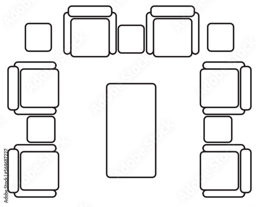 2D graphic drawing of the top view layout of the sofa set and its side furniture such as coffee table and side table. Drawing in black and white using CAD.