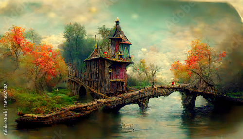 Fairy house on the river and wooden bridge © Mukhlesur