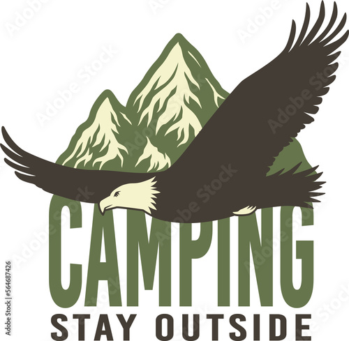 Camp eagle, mountain and rock for camping and outdoor travel expedition or t-shirt print photo