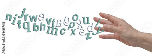 Chaotic jumbled complete alphabet with reversed letters depicting dyslexia flowing into open hand transparent png file
