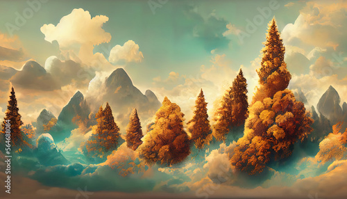 3d illustration wallpaper landscape art, brown trees with golden flowers and turquoise mountains