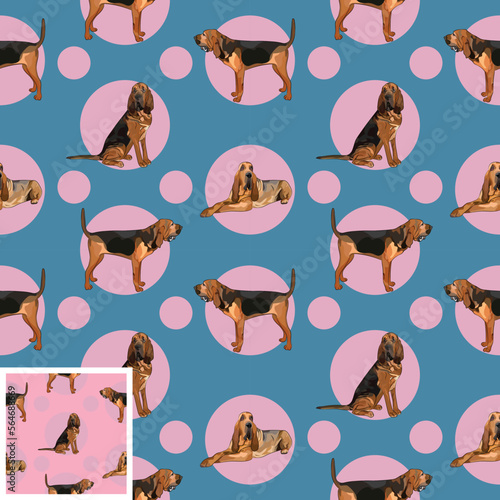 Trendy hand-drawn dogs wallpaper. Holiday kids background. Seamless Bloodhound dog pattern, holiday texture. Square format. Pink, blue packaging, textile, fabric, decoration, wrapping paper. 