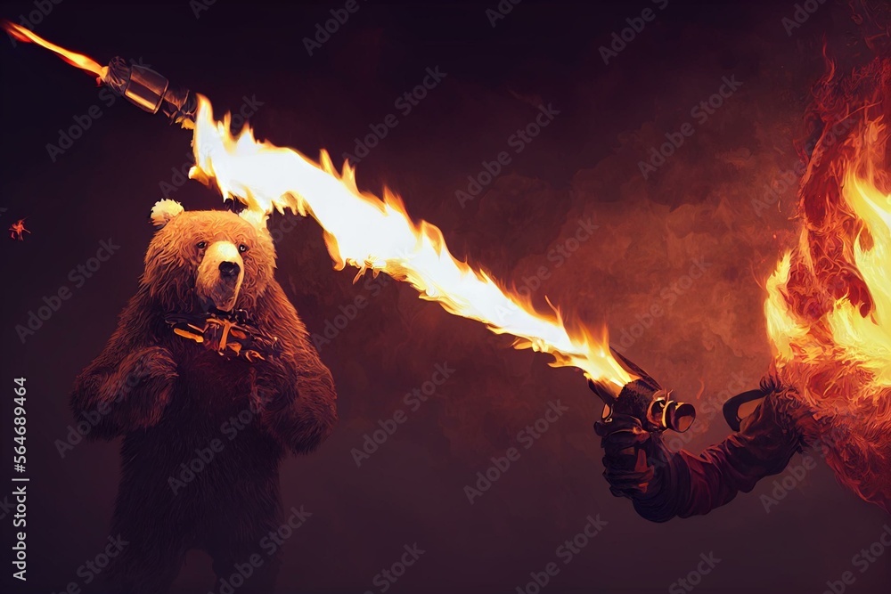 man with a flamethrower fighting with a demon bear, digital art style, illustration painting