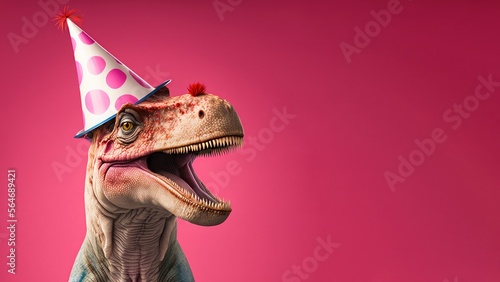 dinosaur celebrating birthday or carnival wearing party hat. Isolated on pink colored background. © whatcara