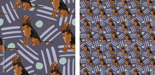 Seamless dog pattern, Christmas texture, birthday present packaging. Square format, decoration, wrapping paper. Trendy hand-drawn Bloodhound dog breed flat pastel. Bloodhound with hand-drawn elements.