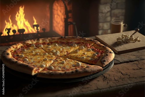 portrait Tasty Hot Italian pizza on wooden board on kitchen background, cheese crust seafood topping sauce vegetables delicious fast food,photography,Generative ai 
