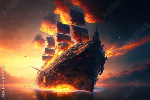 Fotobehang burning battleship , Sea battle war.