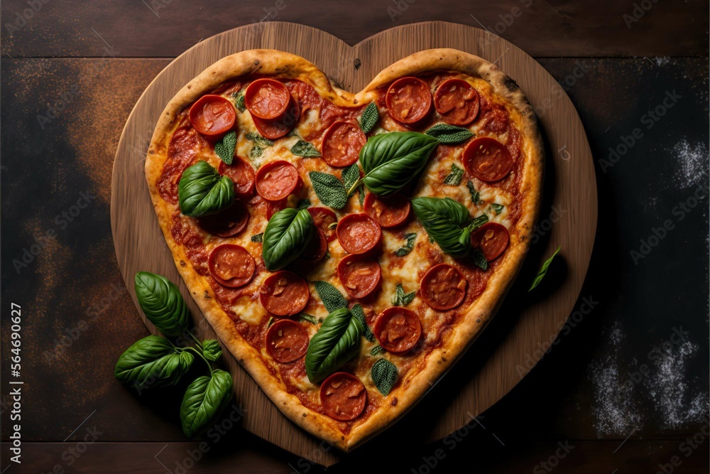 portrait delicious hot Italian Pizza heart shape with ingredients and copy spase on vintage background. Happy Valentines day. love concept,Generative ai
