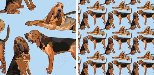 Blue Seamless Bloodhound dog pattern, holiday texture. Packaging, textile, decoration, wrapping paper. Trendy hand-drawn funny breed wallpaper. Fun seamless running sitting Bloodhound dog